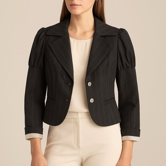Alice + Olivia Gray Wool Pinstripe Blazer M NYC w/ Roman Coin Buttons - Picture 1 of 11